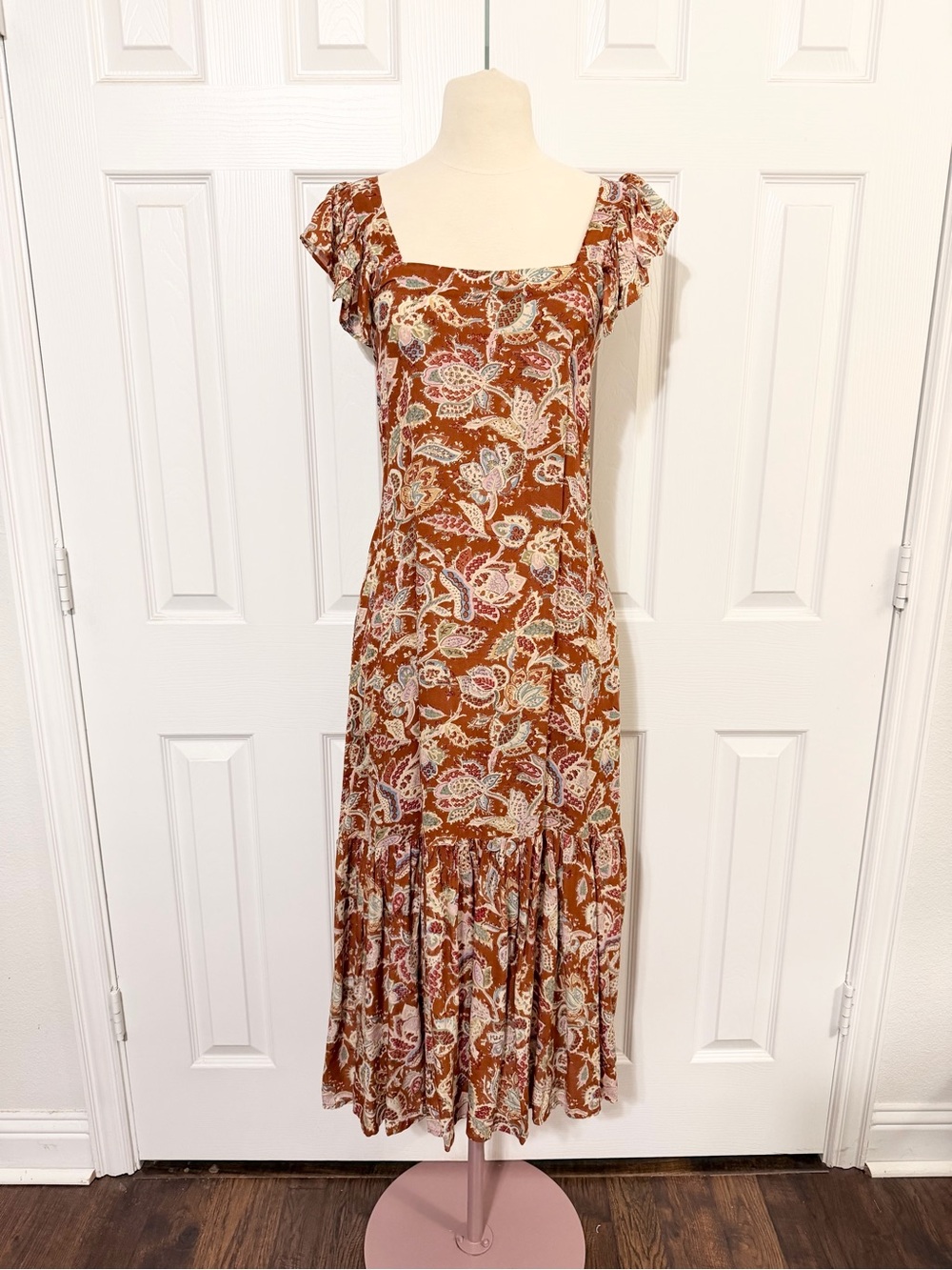 House of Harlow 1960 Rust Paisley Ruffle-Shoulder Maxi Dress